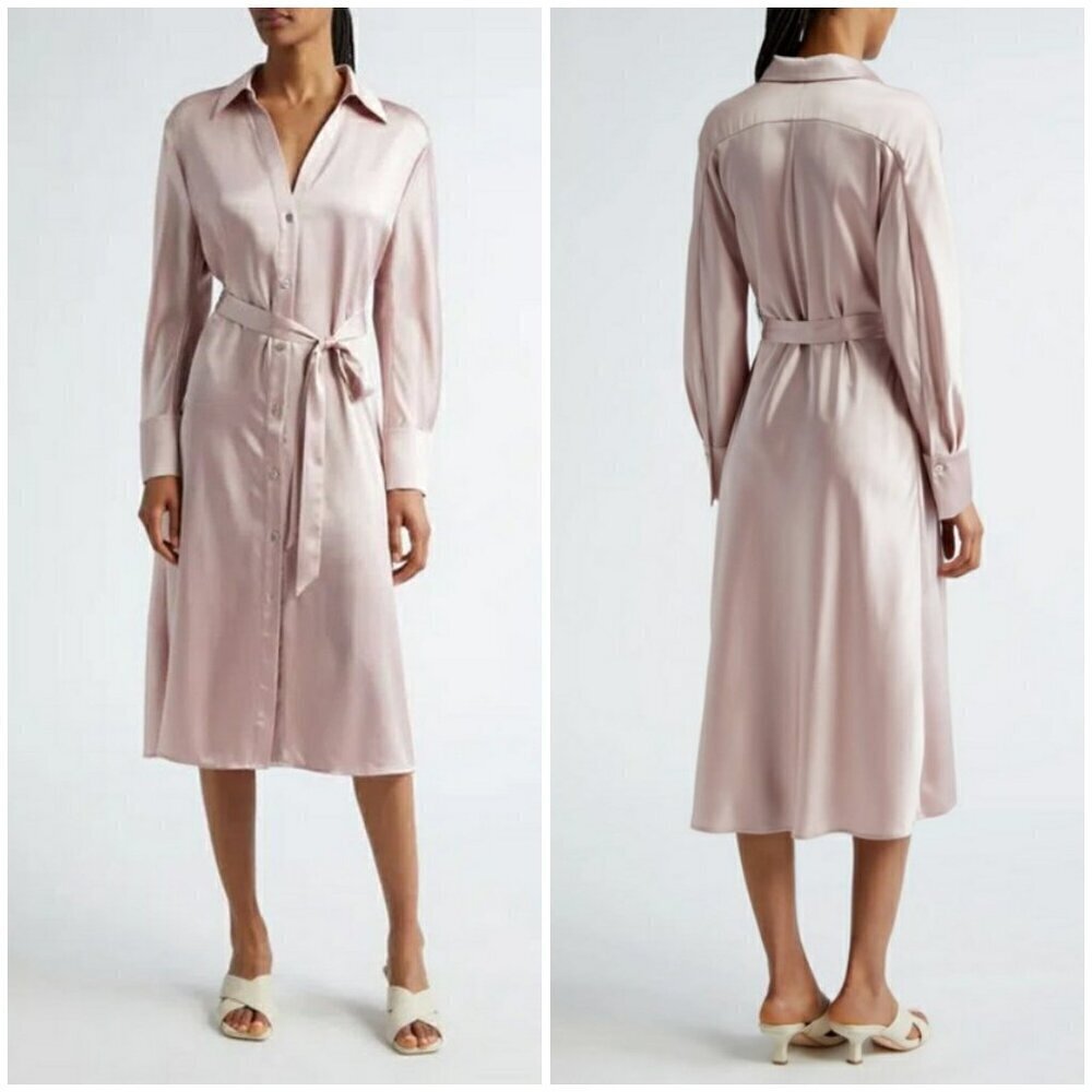 💕VINCE💕 Nouveau Magnolia Long Sleeve Satin Shirtdress ~ Rose Pearl XL NWT